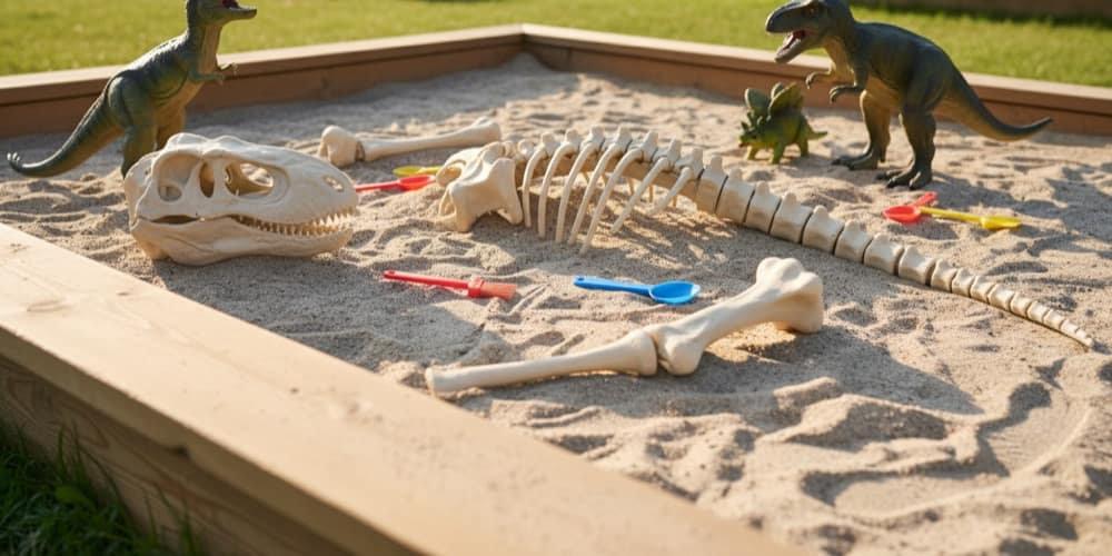 Plastic dinosaur bones half buried in a sandbox, with brushes and spoons ready for a fossil dig.