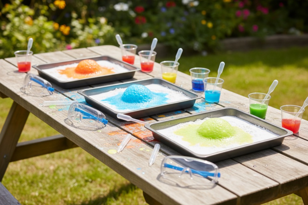 Trays of baking soda fizzing with colored bubbles, with cups of colored liquid, droppers and safety glasses.
