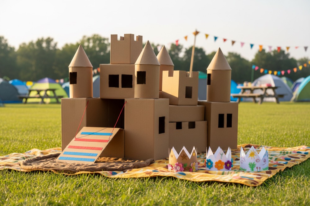 A cardboard box castle with towers and a drawbridge, with paper crowns on a blanket in front.