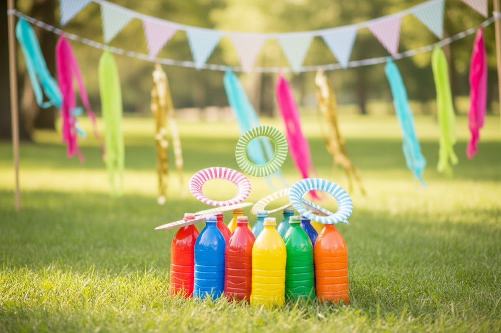A ring toss of plastic bottles and paper plate rings on the grass, with bunting behind it.