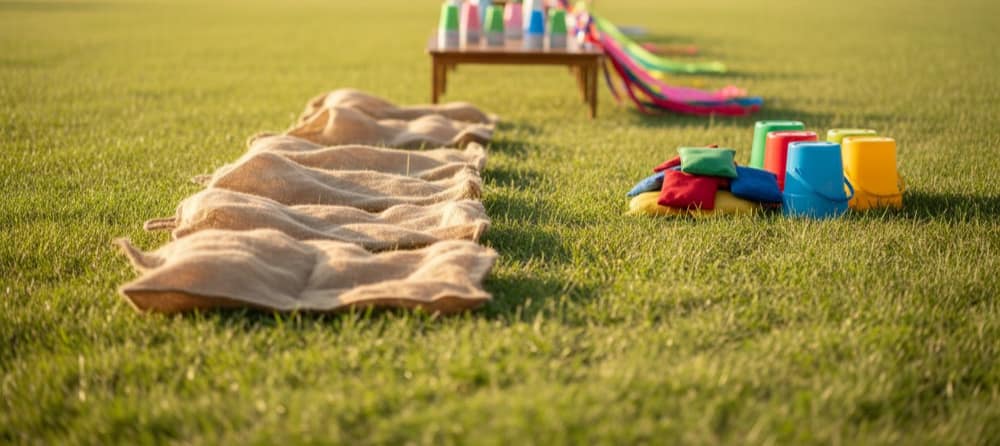 Field day stations with sacks, beanbags and buckets, stacked cups and ribbons on a grassy field.