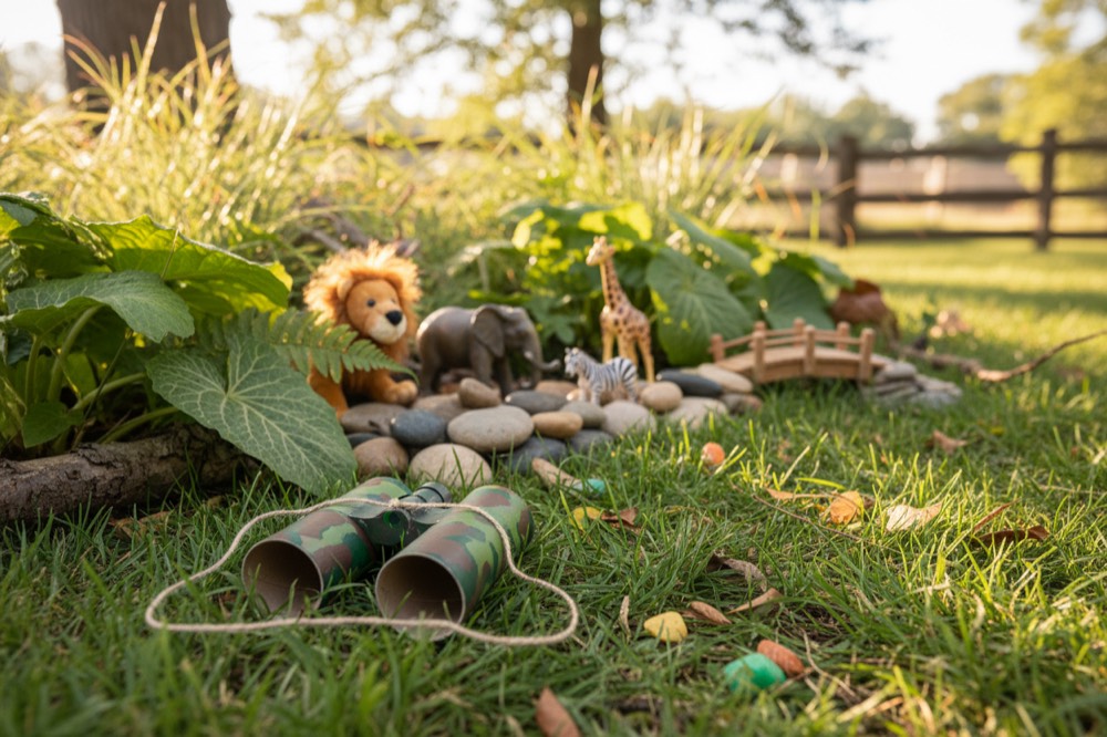 Cardboard tube binoculars on the grass, with toy animals hidden in tall plants.