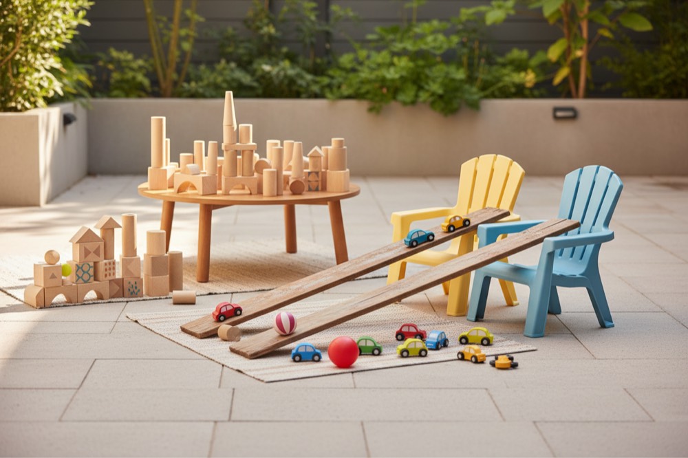 Boards leaning on chairs as ramps, with toy cars, balls and a block city nearby.