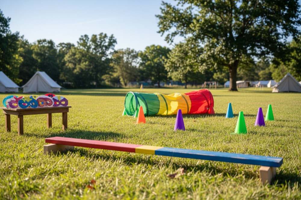 A hero training course on the grass with a balance beam, a play tunnel, cones and paper masks.