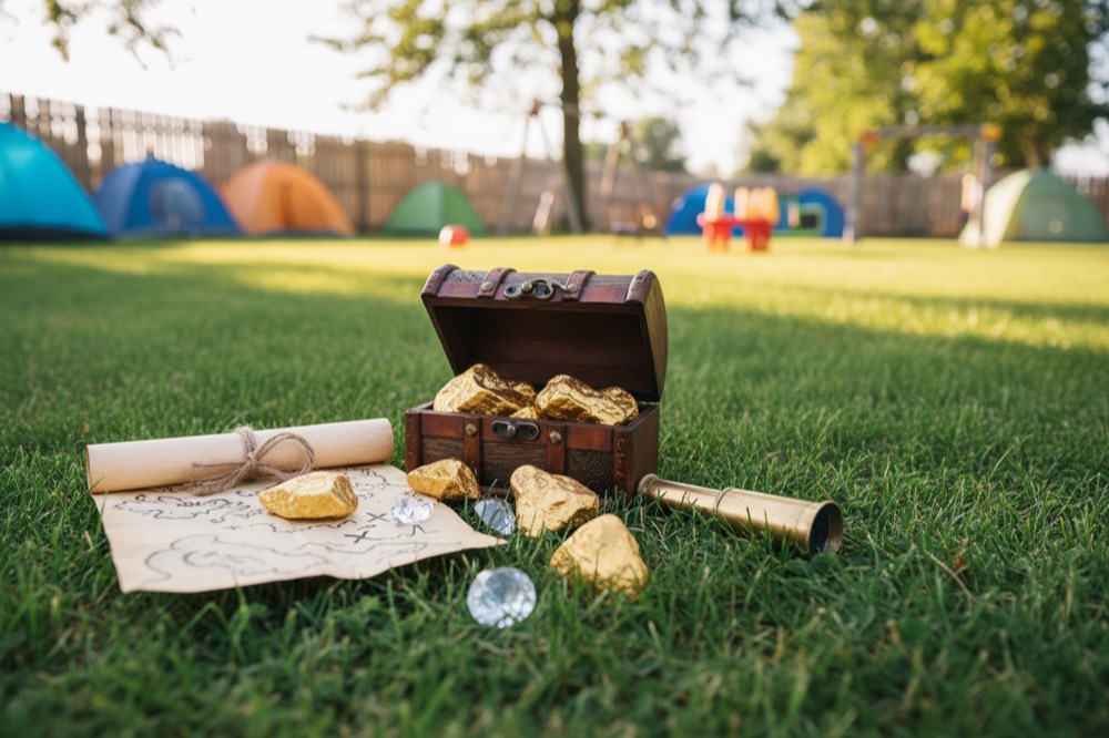 A small treasure chest of gold-painted rocks on the grass, with a rolled paper map and a toy spyglass.