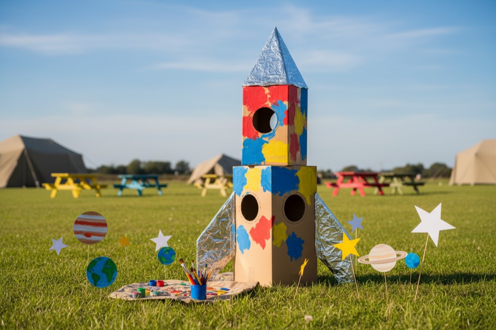 A cardboard box rocket painted and covered in foil, with paper stars and planets around it.