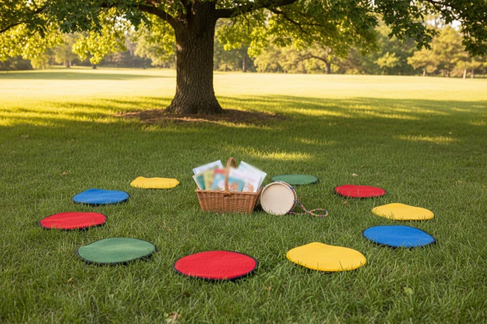 Colorful carpet squares in a circle under a shady tree, with a basket of books and a small drum in the middle.