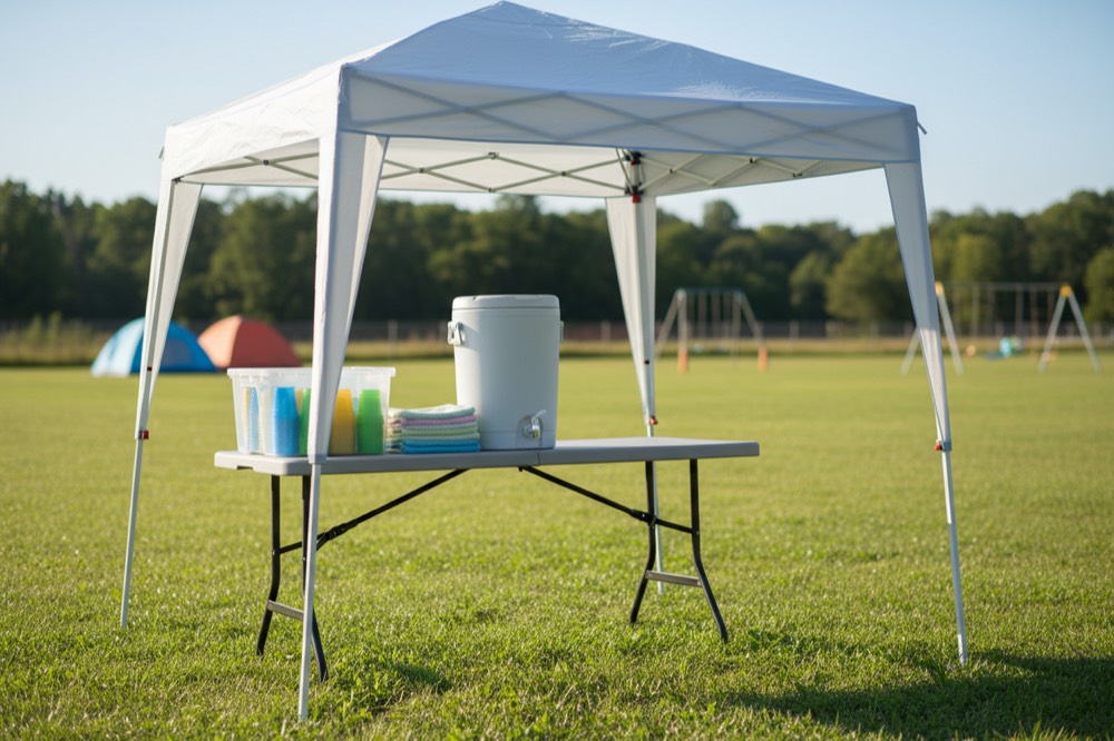 A water station under a shade canopy, with a drink cooler, a bin of cups and towels on a folding table.