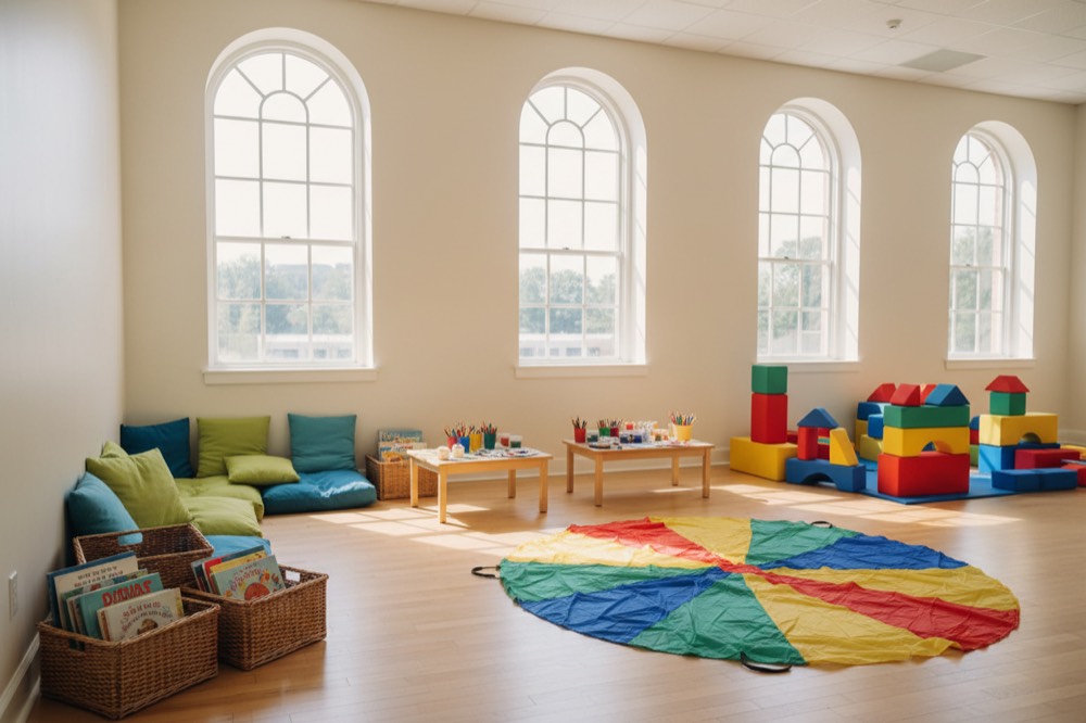 A gym set up with activity stations: a reading corner with cushions, an art table, large foam blocks and a play parachute.