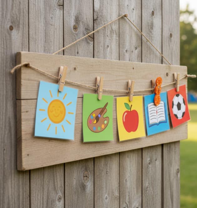 A visual schedule board on a fence with picture cards for the parts of the camp day and a clothespin marking the current one.